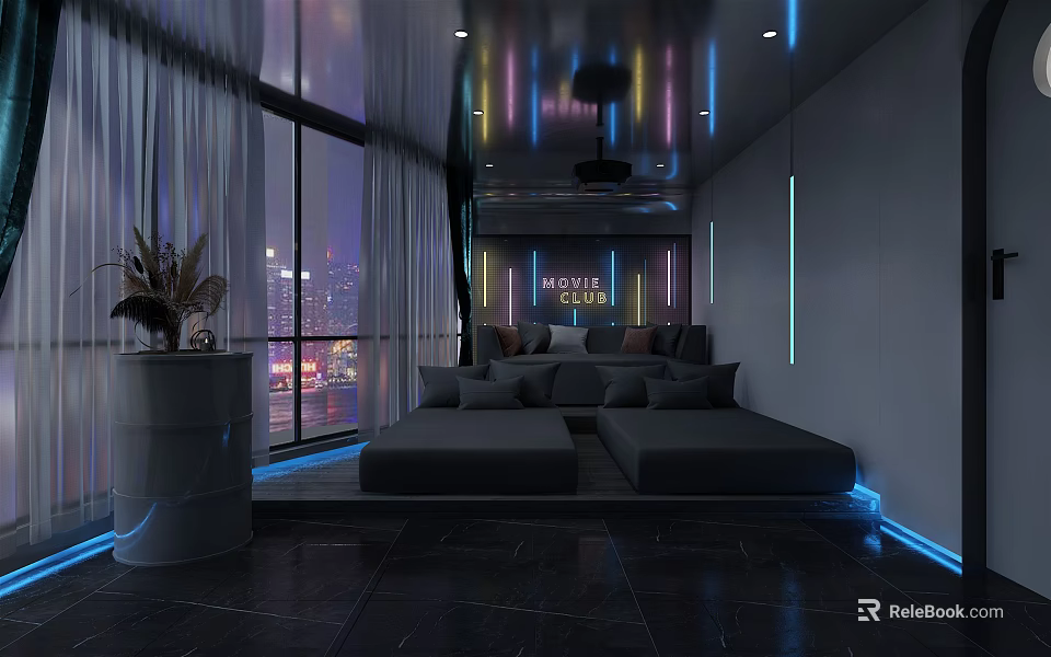 Modern Home Theater Room With Large Screen Comfortable Sofas Blue Ambient Lights And Night View 3d model 