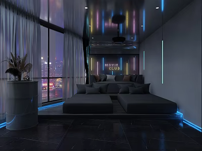 Modern Home Theater Room With Large Screen Comfortable Sofas Blue Ambient Lights And Night View 3d model