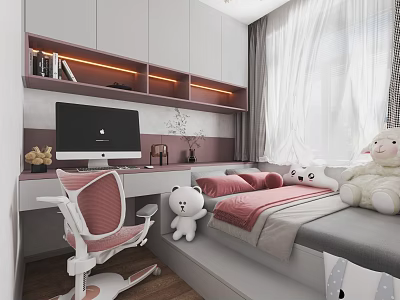 Modern Tatami Bedroom Interior Design With Desk Computer Bookshelf And Pink Bedding 3d model