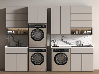 Modern Laundry Room With Stacked Washing Machines Dryers And Marble Countertops 3d model