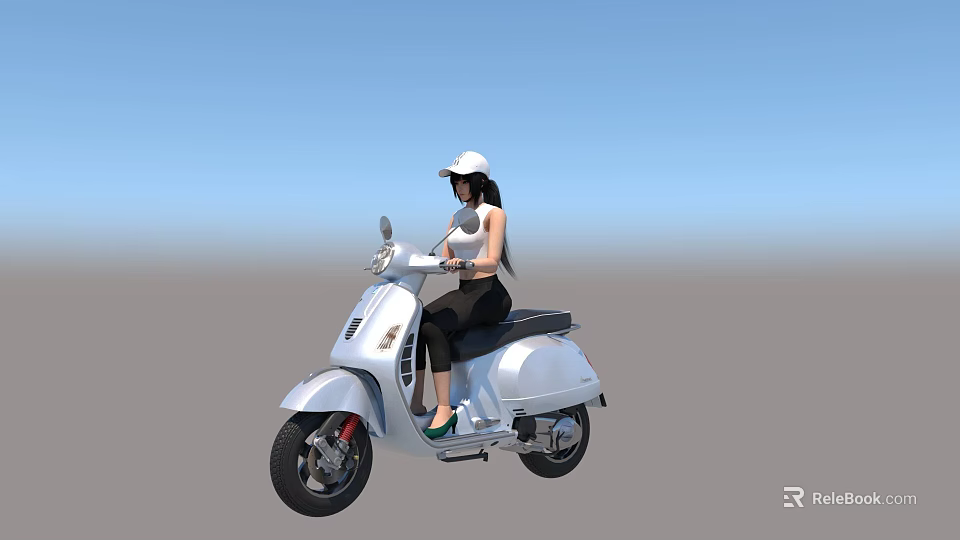 Woman In White Hat White Top And Black Pants Riding White Scooter Motorcycle 3d model 