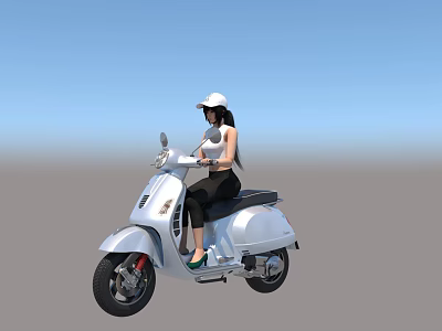 Woman In White Hat White Top And Black Pants Riding White Scooter Motorcycle 3d model
