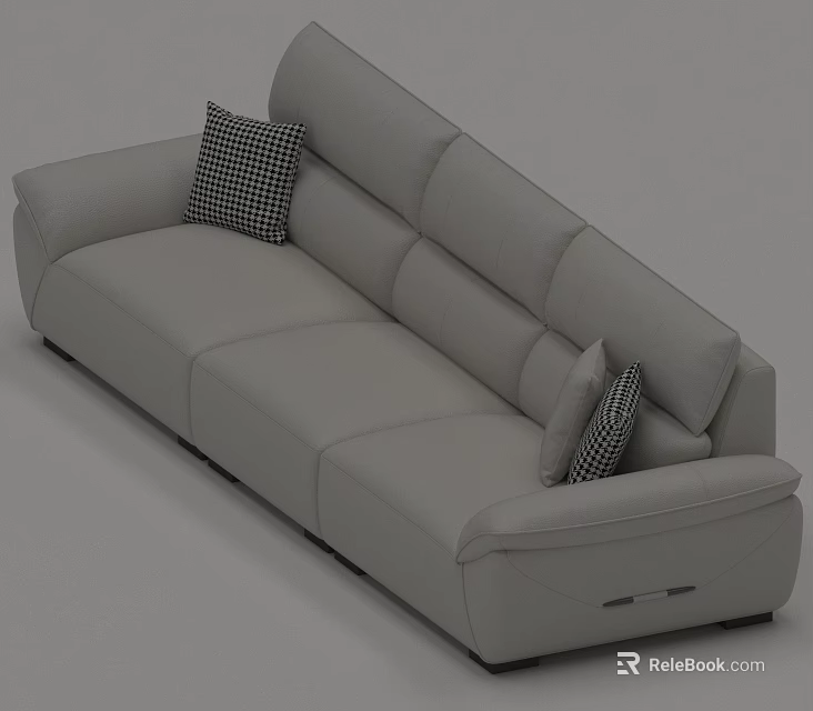 Light Gray Three Seater Sofa With Modern Design And Black White Checkered Pillows 3d model