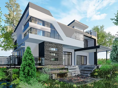 Modern Detached Villa Exterior Design With Large Windows Balconies And Greenery Garden 3d model