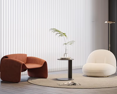 Leisure Sofa Set with Brown and White Curved Chairs Coffee Table Plant Rug and Blinds 3d model