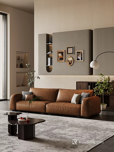 Modern Living Room Interior With Brown Leather Sofa Framed Artworks And Floor Lamp 3d model 