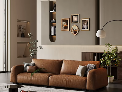 Modern Living Room Interior With Brown Leather Sofa Framed Artworks And Floor Lamp 3d model
