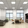 Modern Office Interior With Comfortable Sofas Desk Chairs And Large Windows 3d model