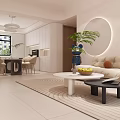 Modern Dining and Living Room Interior with Beige Sofa Coffee Tables and Circular Lighting 3d model