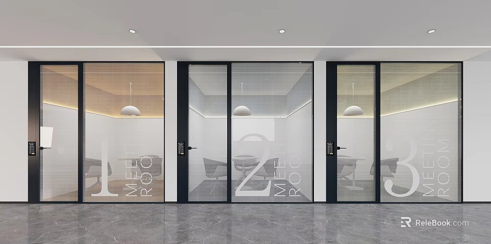 Sleek Modern Meeting Room Interior With Ceiling Air Conditioner Grilles And Glass Doors 3d model 
