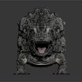 3D Rendered Mythical Reptile With Rock Covered Skin Open Mouth And Yellow Eyes
