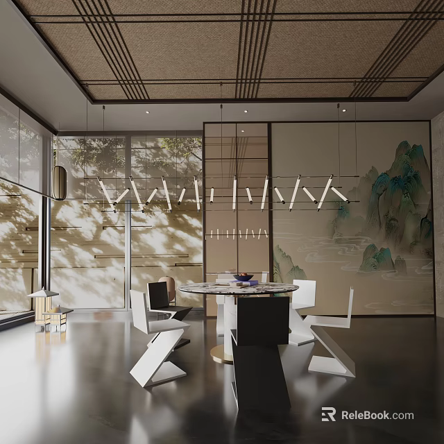 Modern Dining Table Set With Round Table White Black Chairs And Landscape Painting Backdrop 3d model