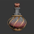 Elegant Decorative Glass Bottle With Red Transparent Body And Gold Accents And Cork Stopper