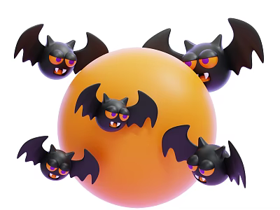 Halloween Themed Decorative Ornament Set With Black Bats And Orange Sphere 3d model