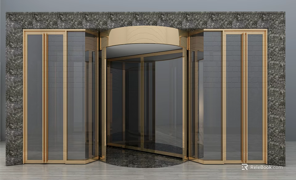 Modern Revolving Door Entrance With Glass Panels Metal Frame And Stone Decor 3d model 