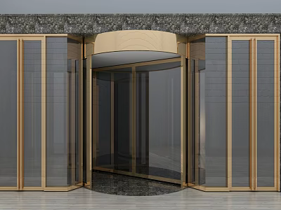 Modern Revolving Door Entrance With Glass Panels Metal Frame And Stone Decor 3d model