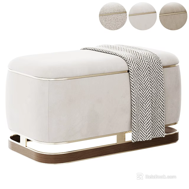 Beige Modern Ottoman With Metal Wooden Base And Black White Herringbone Throw 3d model 