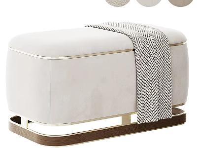Beige Modern Ottoman With Metal Wooden Base And Black White Herringbone Throw 3d model