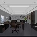 Modern Office Conference Room With Large Table Black Chairs Bookshelf Wall Paintings And Window View
