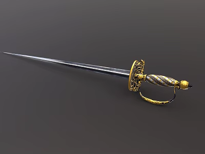 Ornate Antique Sword With Decorative Golden Hilt And Twisted Metal Blade Design 3d model
