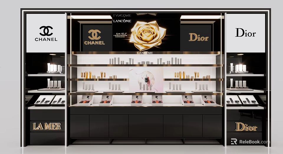 Retail Cosmetics Display Counter With Luxury Brands And Golden Rose Decoration 3d model 