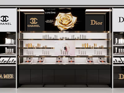 Retail Cosmetics Display Counter With Luxury Brands And Golden Rose Decoration 3d model