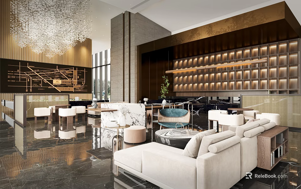 Luxurious Sales Office Interior With Modern Furniture Chandelier And Marble Accents 3d model 