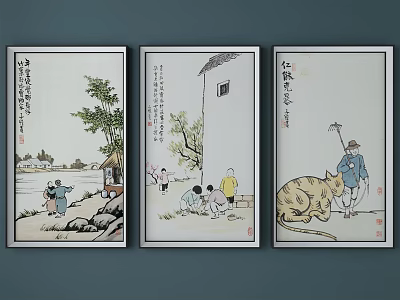 Traditional Chinese Paintings Three Panels with Figures Natural Scenery and Classical Elements 3d model
