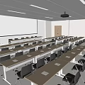 Modern School Classroom With Large Projection Screen Neatly Arranged Desks White Walls And Bright Lighting