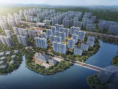 Aerial Planning View Of High Rise Residential Complex With River Green Spaces And Bridge 3d model