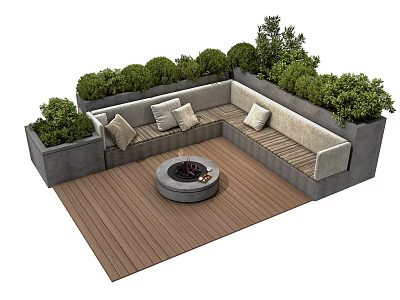 Lush Flower Plants in Patio Planters with Wooden Deck Cushioned Bench and Fire Pit 3d model