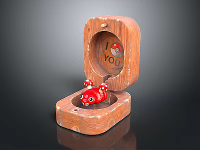 Open Wooden Box Featuring Red Mushroom Figure And I Love You Message 3d model