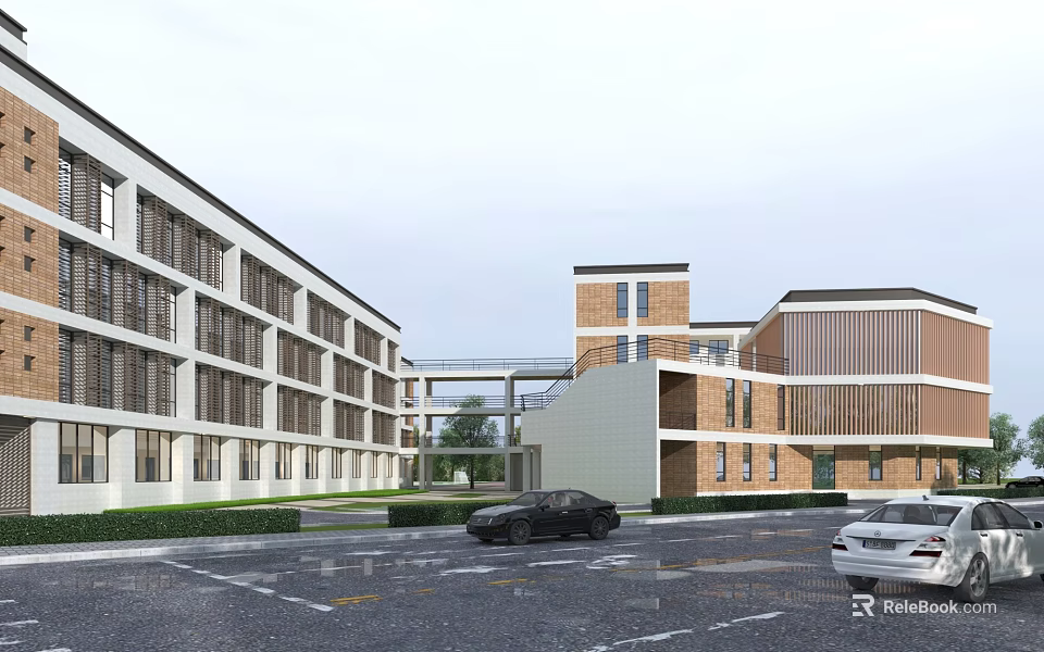 Modern School Building Complex With Connecting Bridge 3d model 