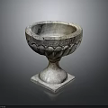 Carved Stone Pedestal Bowl With Decorative Edge And Square Base