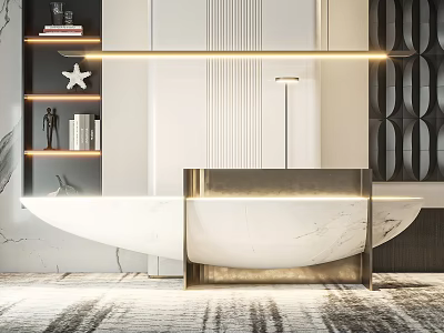 Modern Reception Desk Design With Marble Countertop Shelf Books Starfish Figurine Geometric Wall Lighting 3d model