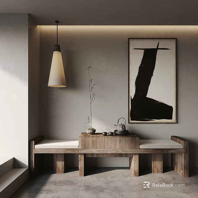 Abstract Painting In Minimalist Interior With Wooden Table Tea Set And Hanging Lamp 3d model 