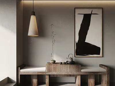 Abstract Painting In Minimalist Interior With Wooden Table Tea Set And Hanging Lamp 3d model