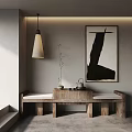 Abstract Painting In Minimalist Interior With Wooden Table Tea Set And Hanging Lamp