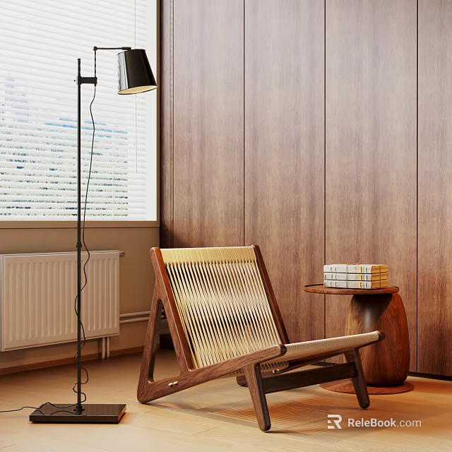 Wooden Leisure Chair With Woven Backrest In Modern Room With Floor Lamp And Side Table 3d model 