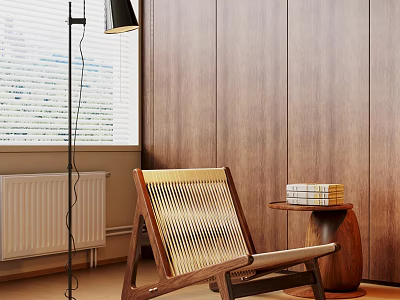 Wooden Leisure Chair With Woven Backrest In Modern Room With Floor Lamp And Side Table 3d model