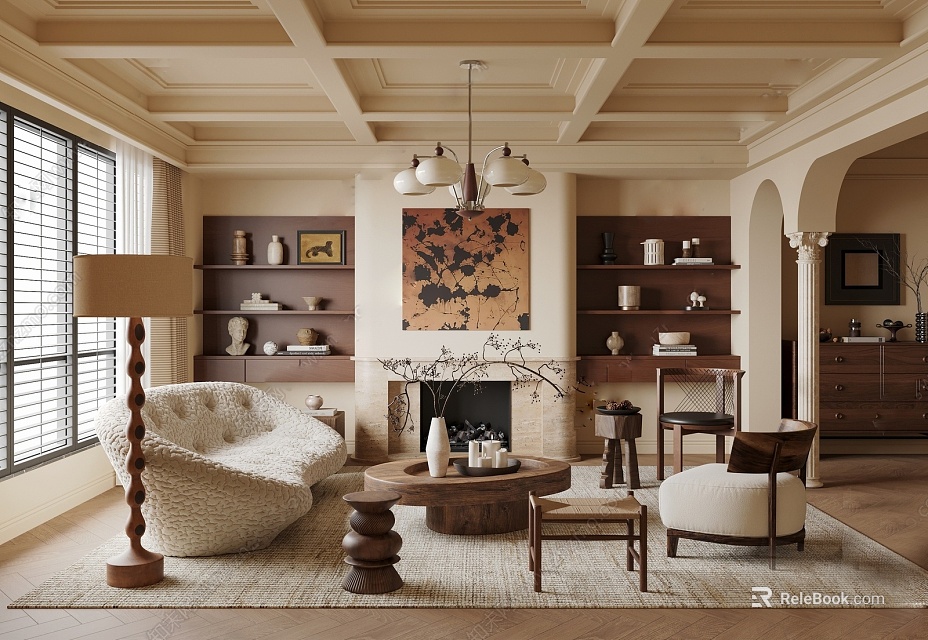 Beige Ceiling Living Room Interior Design With Chandelier Bookshelves Fireplace And Decorative Painting 3d model 
