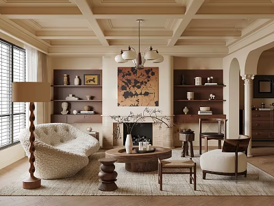 Beige Ceiling Living Room Interior Design With Chandelier Bookshelves Fireplace And Decorative Painting 3d model