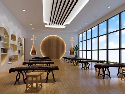 School Music Classroom Interior With Pipa Decor Wooden Tables Benches Bookshelves And Large Windows 3d model