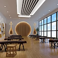 School Music Classroom Interior With Pipa Decor Wooden Tables Benches Bookshelves And Large Windows