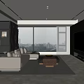 Modern Living Room Interior With Large Windows City View Light Sofa And Dark TV Wall