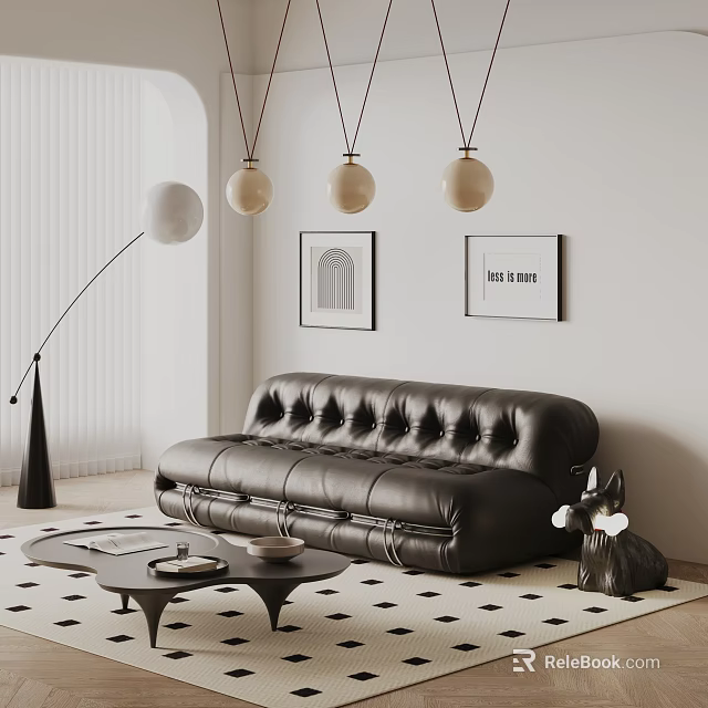 Modern Leather Sectional Sofa In Living Room With Floor Lamp Framed Art Coffee Table 3d model 
