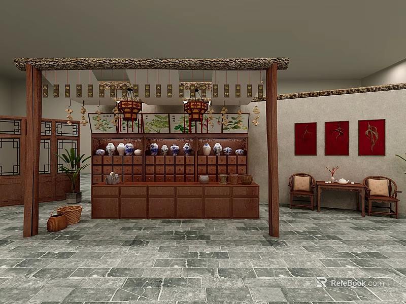 Traditional Chinese Tea House Interior With Wooden Counter Tea Sets Red Paintings And Stone Floor 3d model 
