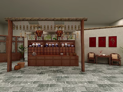 Traditional Chinese Tea House Interior With Wooden Counter Tea Sets Red Paintings And Stone Floor 3d model