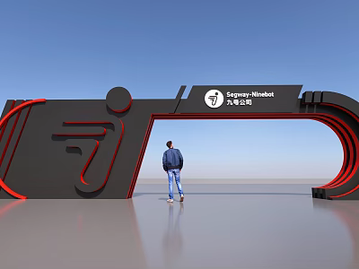 Modern Skyview Hotel Resort Event Entrance With Black Red Design And Person Standing 3d model