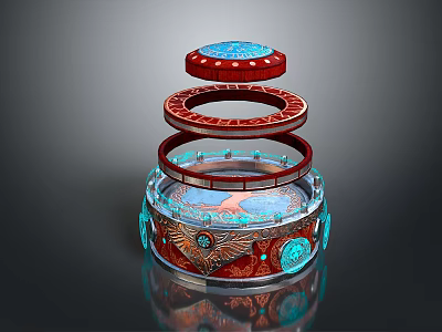 Stacked Circular Decorative Ornament With Red Blue Patterns And Layered Rings 3d model
